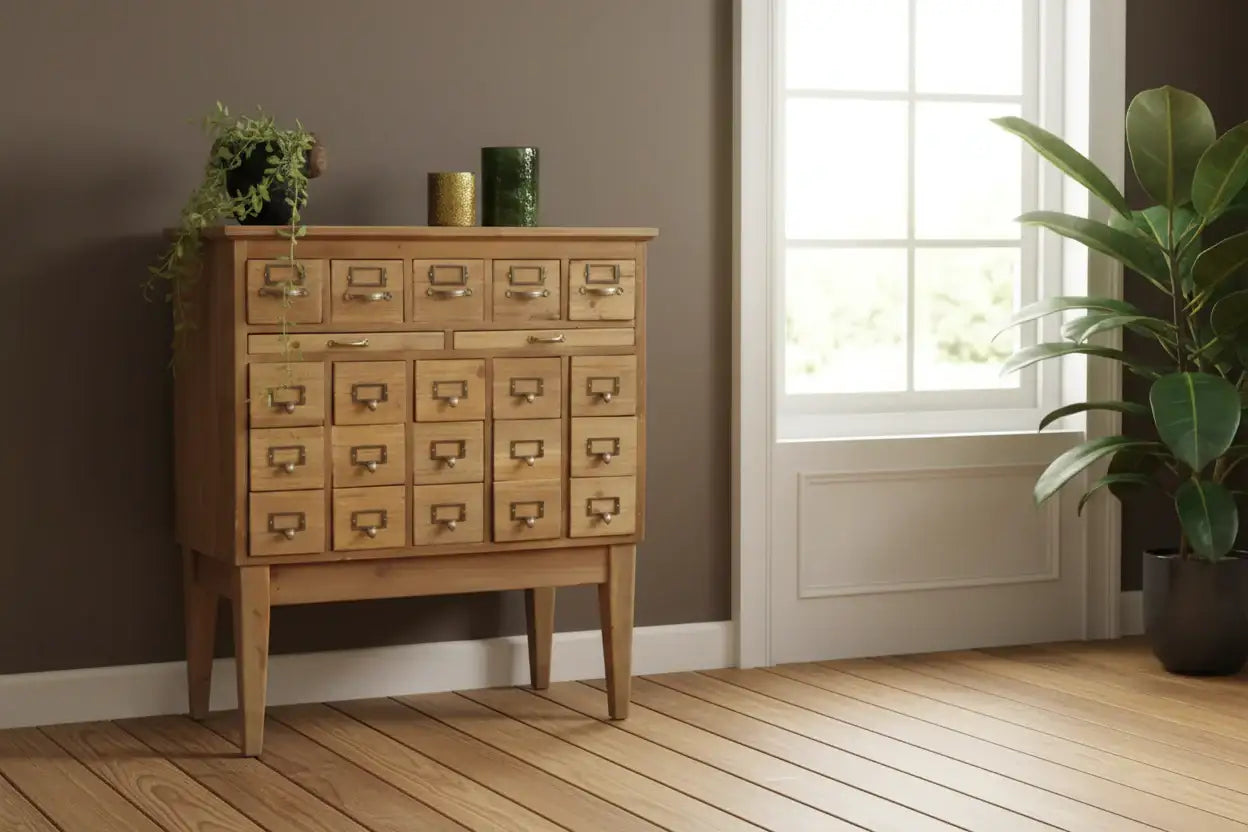 Wooden dresser with card catalog design in a room with a window and plant.