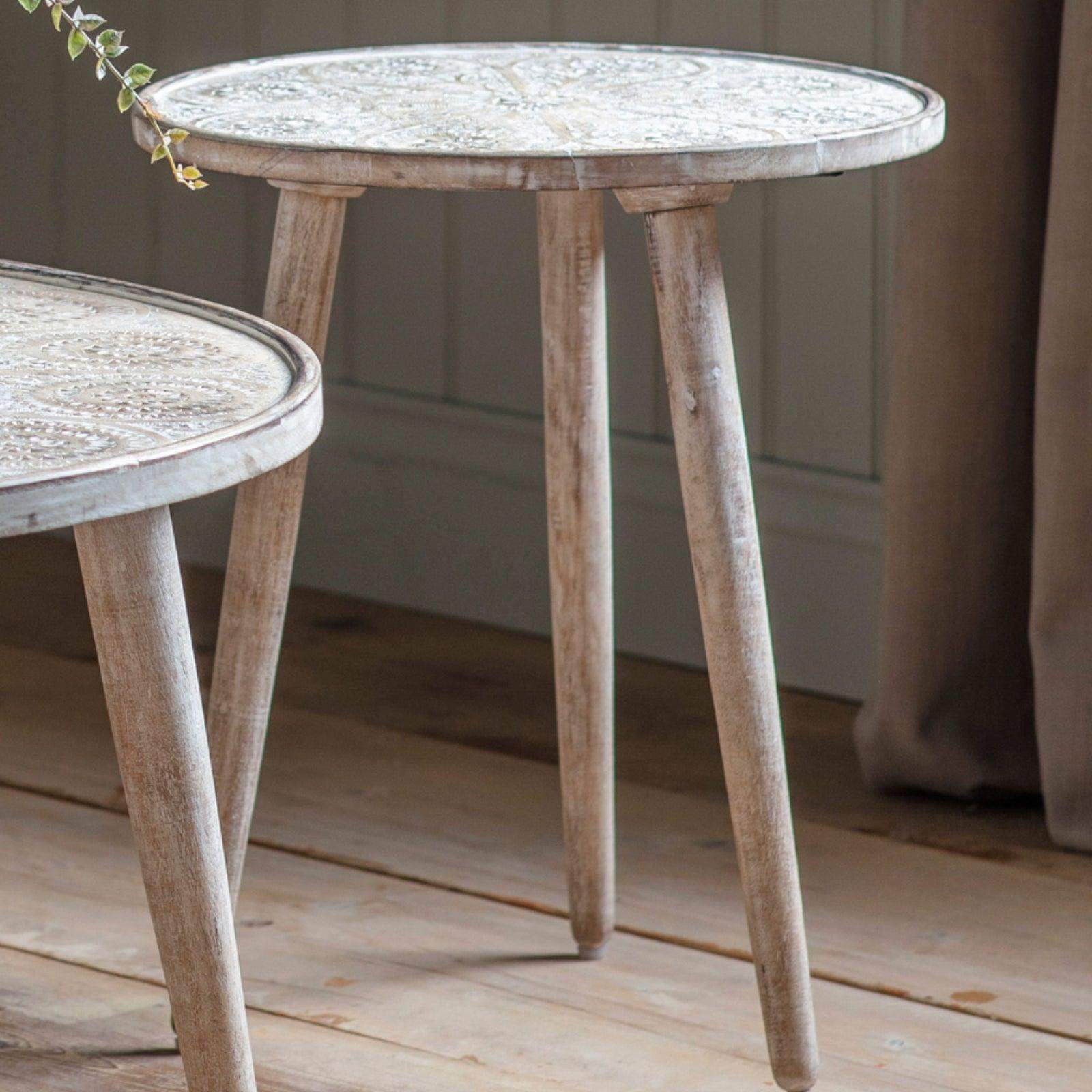 Rustic Wooden Carved Barhan Side Table - The Farthing