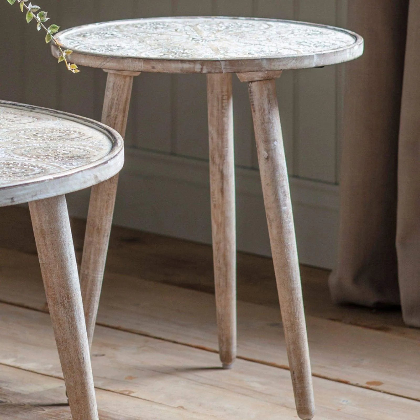 Rustic Wooden Carved Barhan Side Table - The Farthing