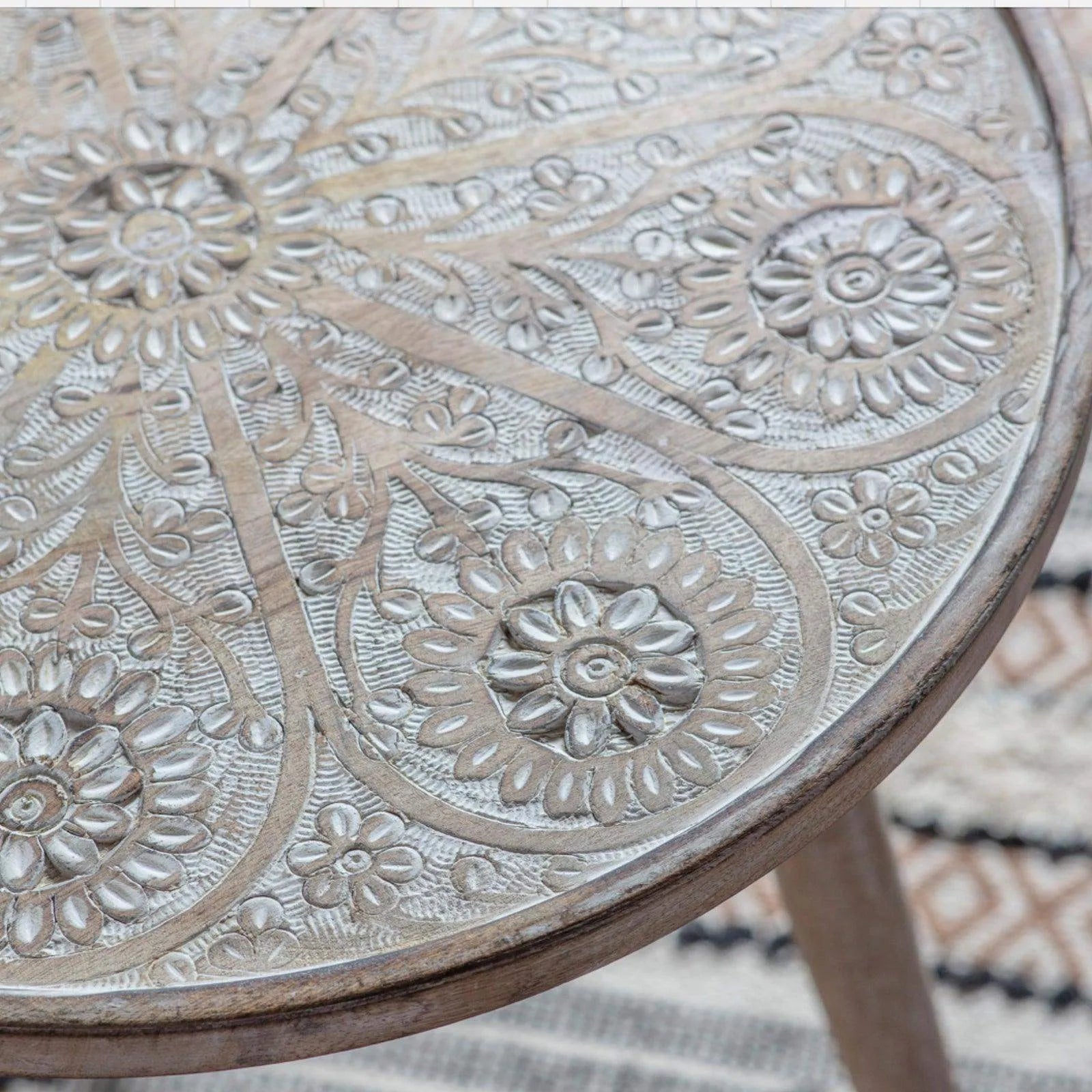 Rustic Wooden Carved Barhan Side Table - The Farthing