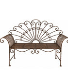 An ornate wrought iron garden bench with a fan-shaped backrest and curved armrests, finished in a dark brown metal color, shown against a plain white background.