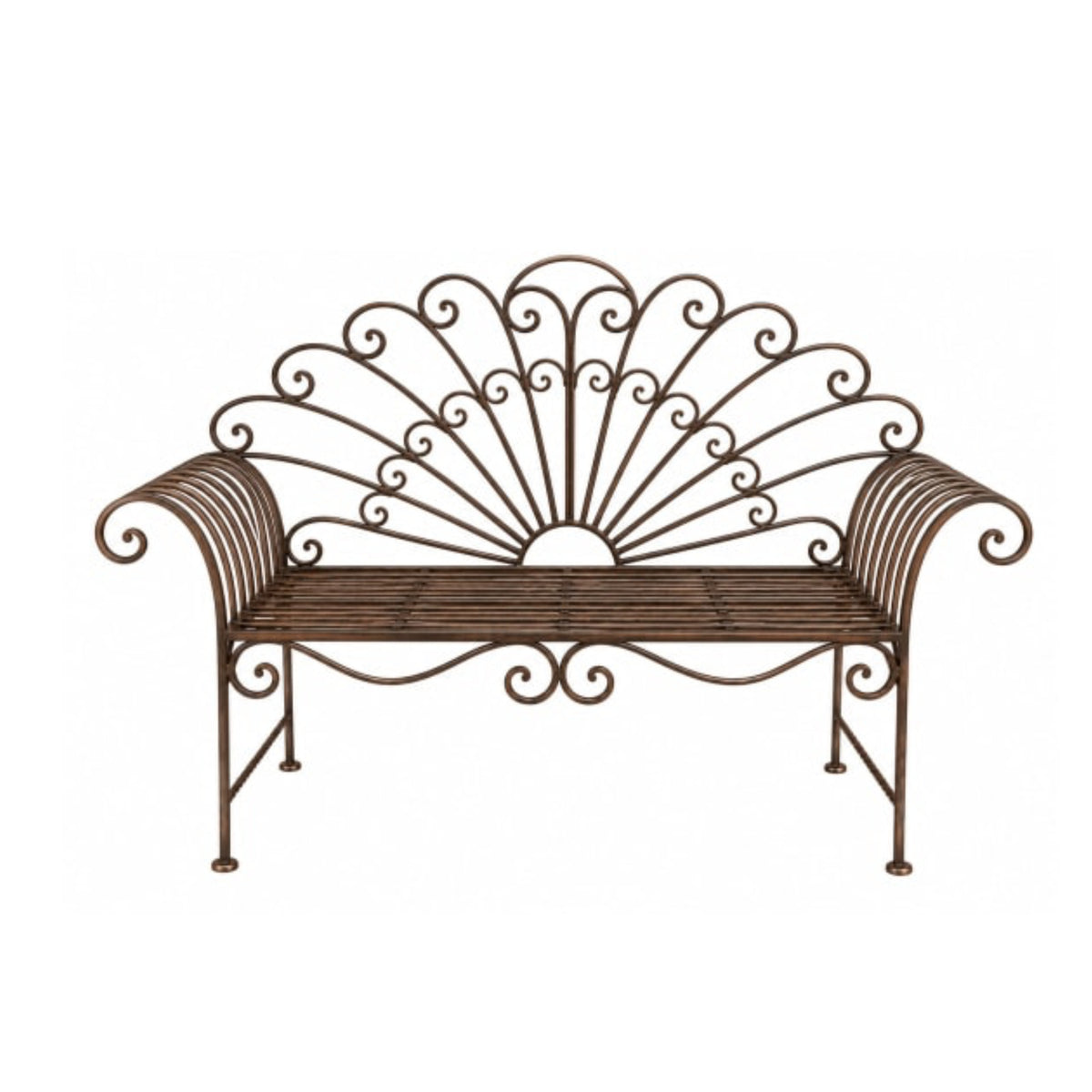 An ornate wrought iron garden bench with a fan-shaped backrest and curved armrests, finished in a dark brown metal color, shown against a plain white background.