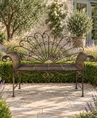 Elegant Rustic Metal Garden Bench with Peacock-Style Back