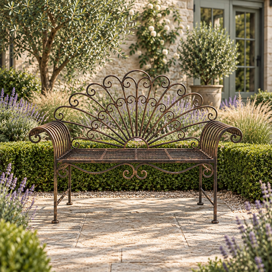 Elegant Rustic Metal Garden Bench with Peacock-Style Back