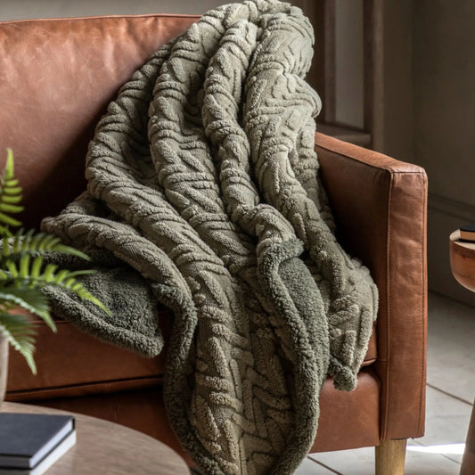 Sage Green Herringbone Faux Fur Throw - The Farthing