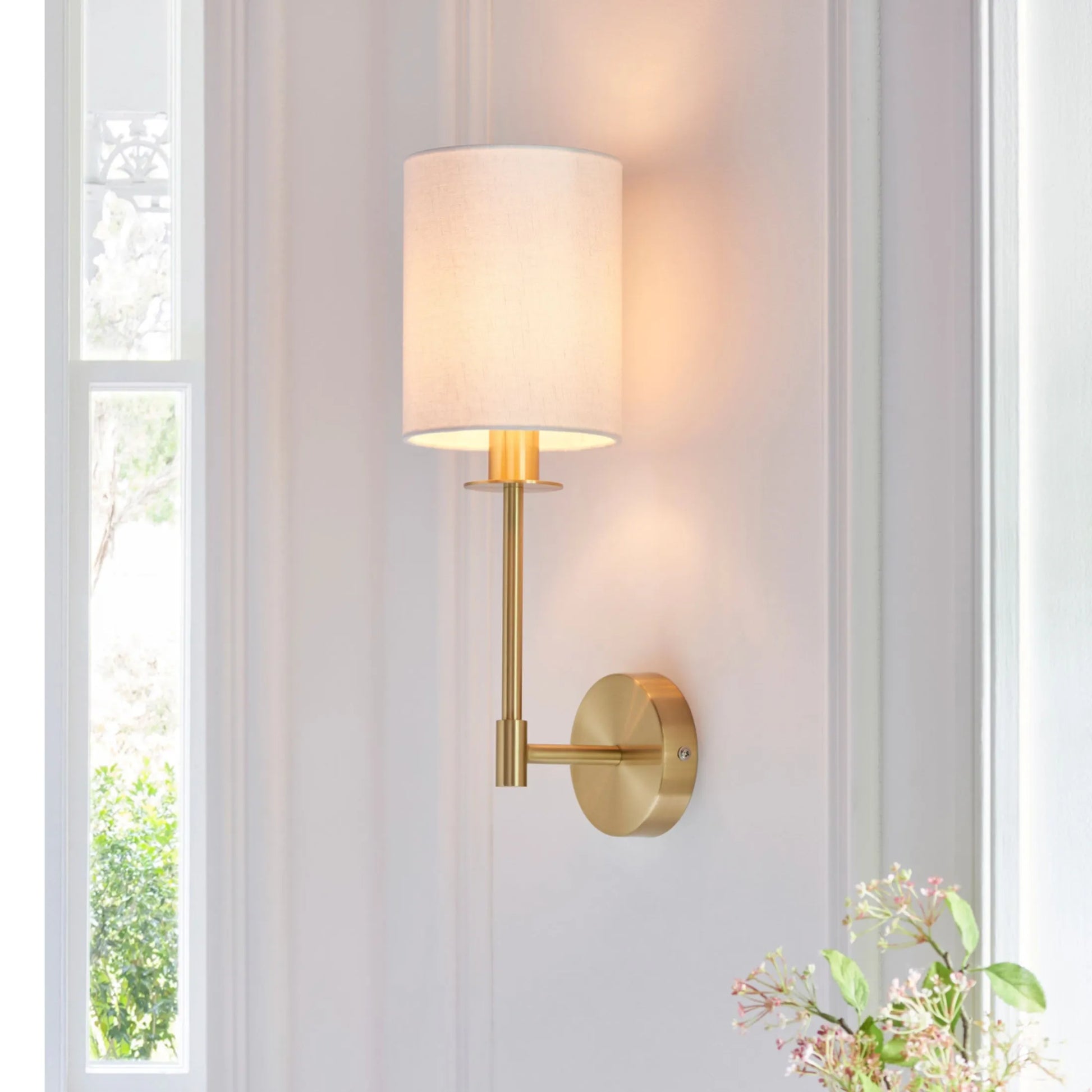 Satin Brass Wall Light and White Shade - The Farthing