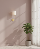Potted plant in a room with a wall lamp and large window