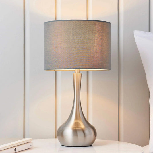 Satin Nickel Table Lamp & Grey Shade - The Farthing