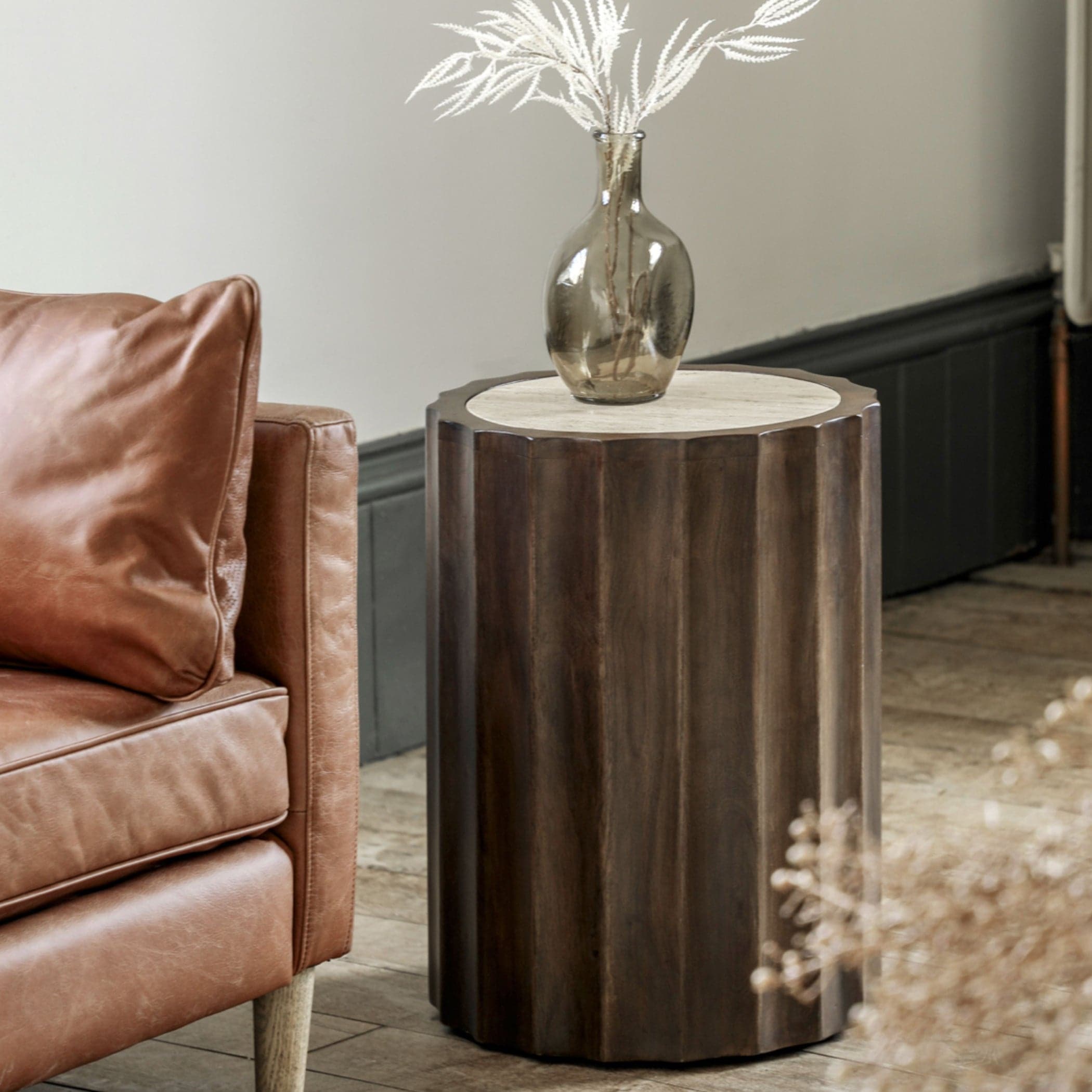 Scalloped Edge Wooden Drum Side Table - The Farthing