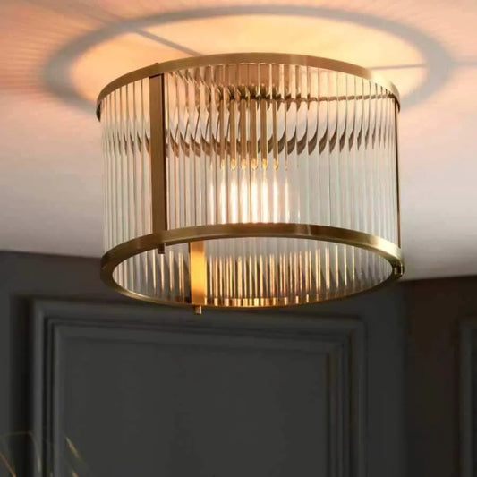 Semi Flush Ribbed Glass & Antique Brass Pendant Light - The Farthing