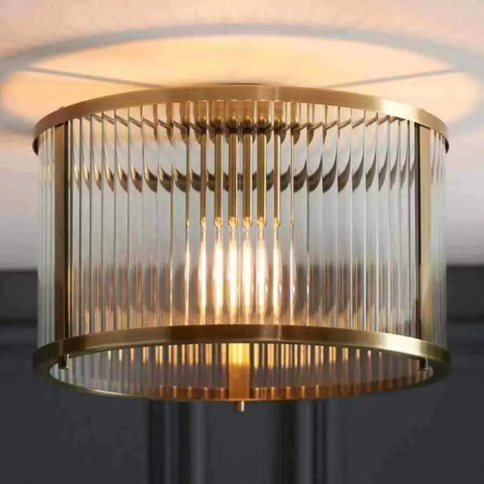 Semi Flush Ribbed Glass & Antique Brass Pendant Light - The Farthing