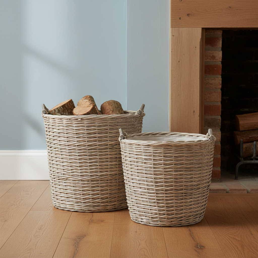 Two wicker baskets with firewood on a wooden floor in front of a fireplace.