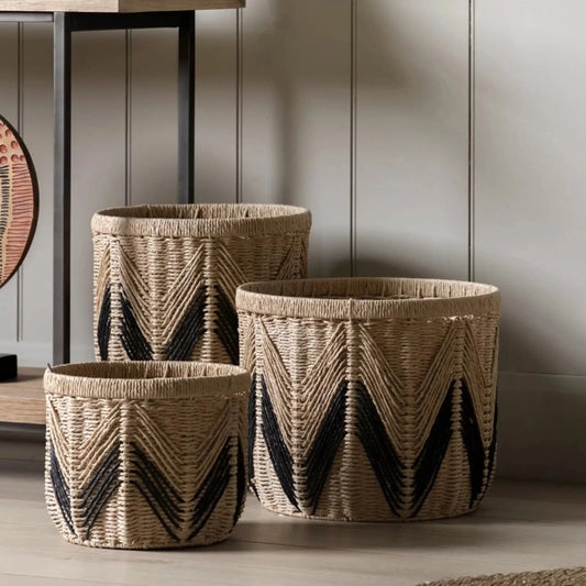 Set of 3 Black Chevron Design Woven Baskets - The Farthing