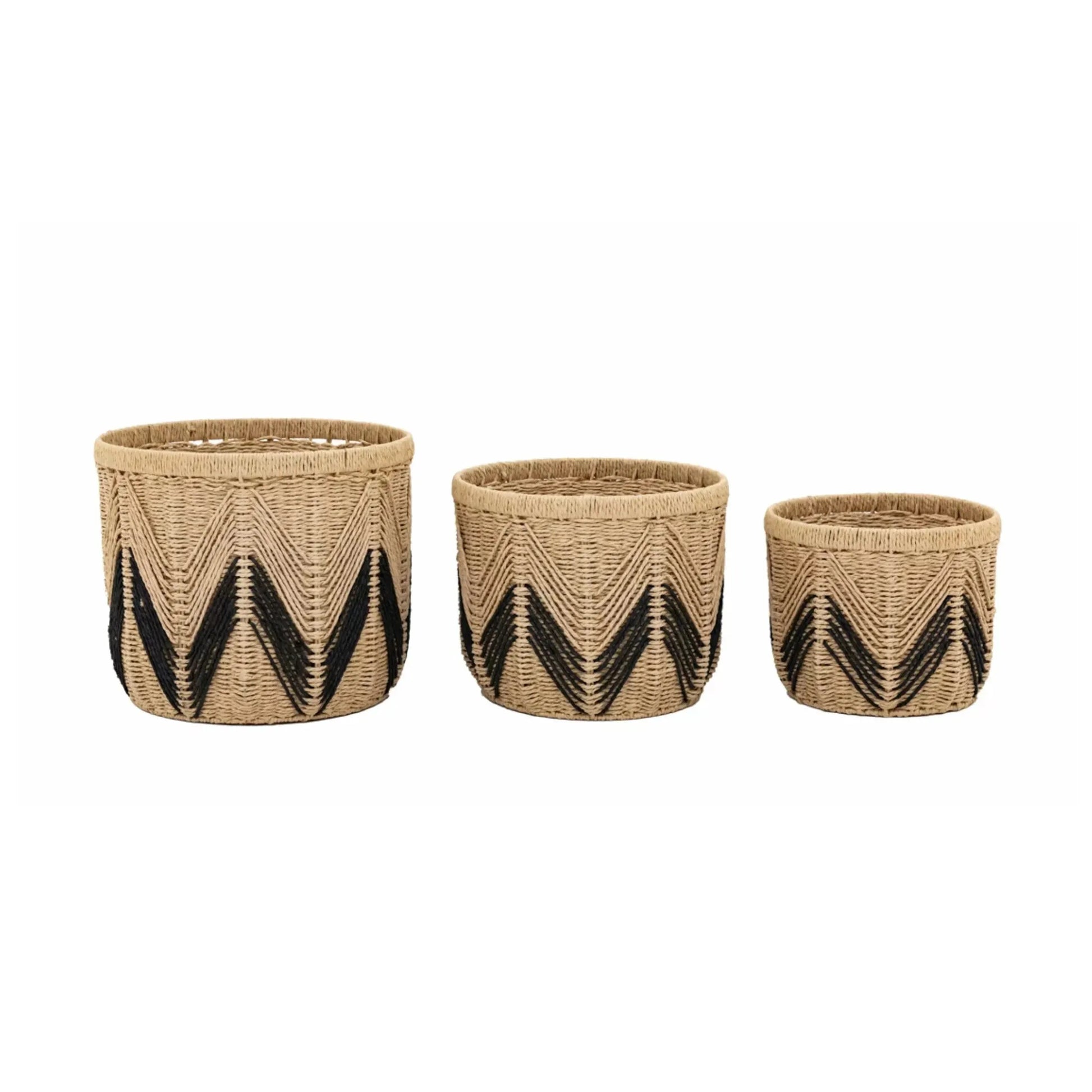 Set of 3 Black Chevron Design Woven Baskets - The Farthing