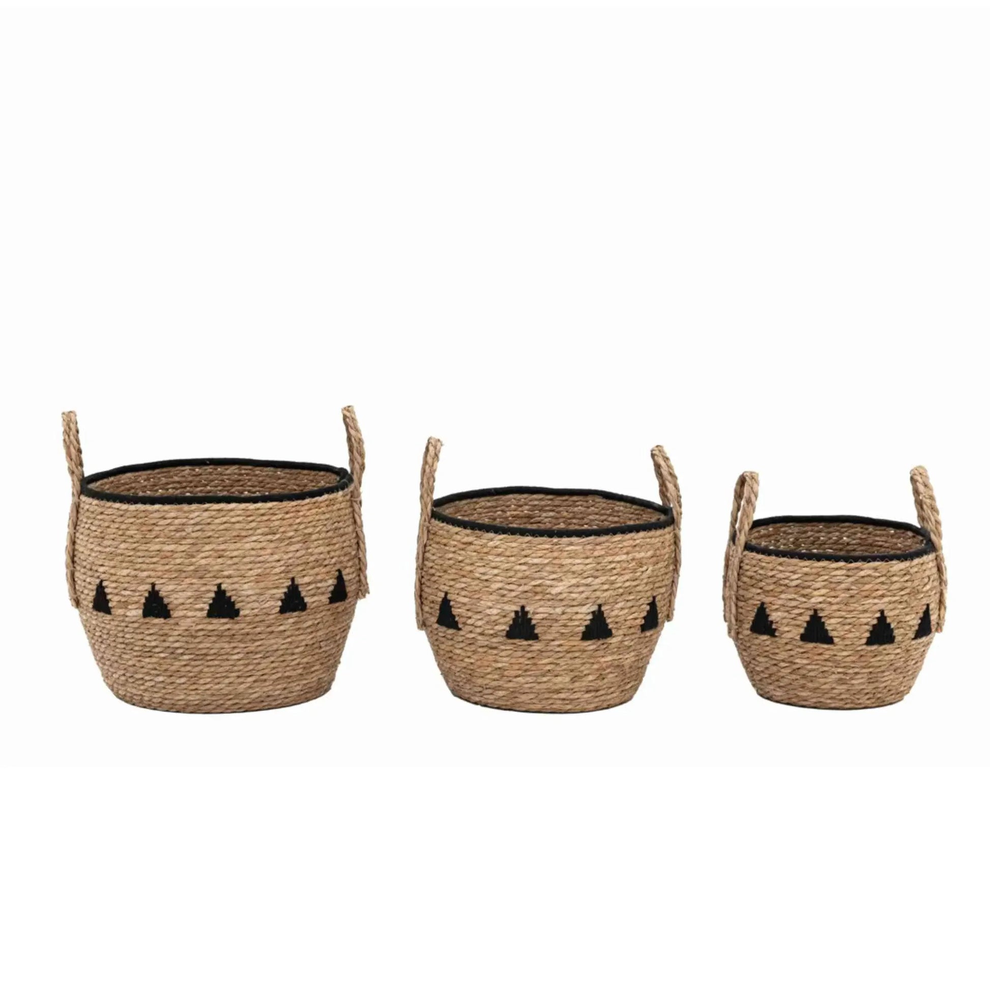 Set of 3 Black Triangular Design Seagrass Baskets - The Farthing