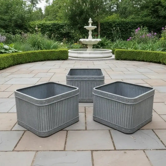 Set of 3 Distressed Square Ribbed Planters