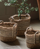 Set of 3 Fringed Brown Woven Storage Baskets - The Farthing