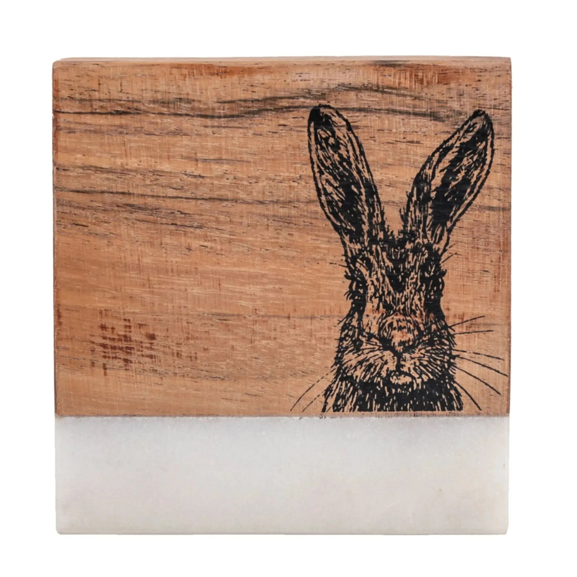 Set of 4 White Marble & Wood Hare Coasters - The Farthing