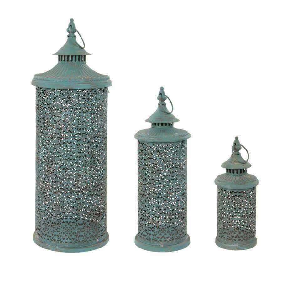 Set of Three Aged Blue Metal Filigree Lantern - The Farthing