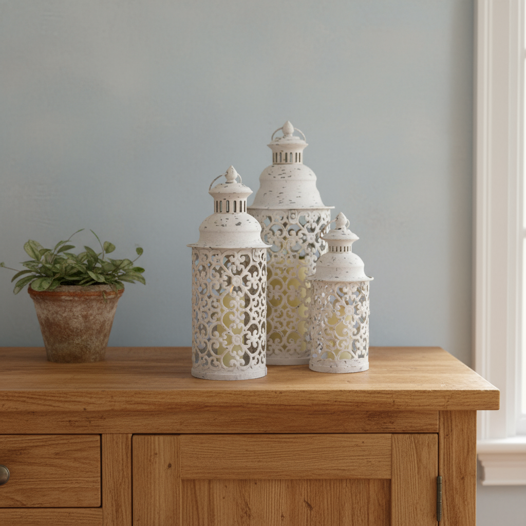 Three decorative lanterns on a wooden surface with a plant in the background
