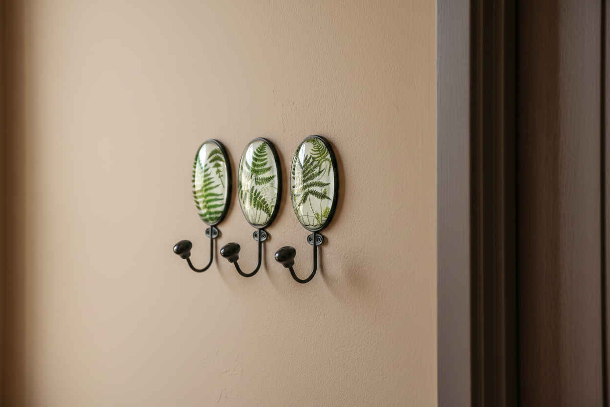 Wall hook with three decorative plates featuring leaf patterns on a beige wall.