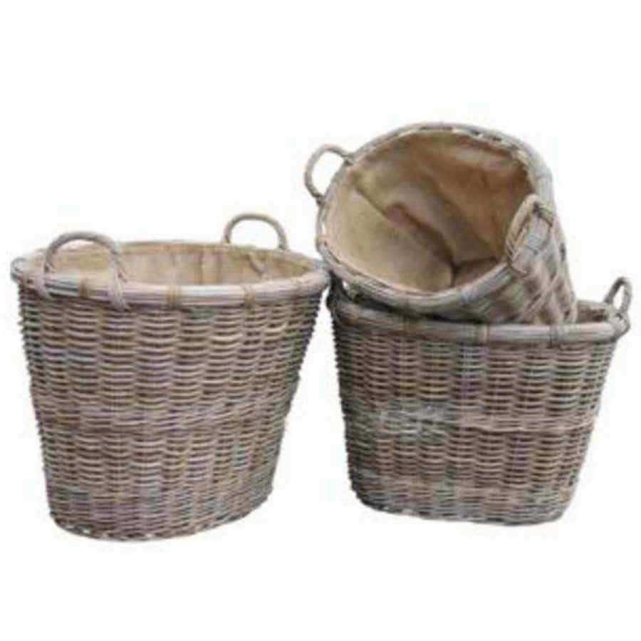 Set of Three Hessian Lined Oval Rattan Baskets - The Farthing
