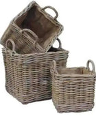 Set of Three Hessian Lined Square Rattan Baskets - The Farthing