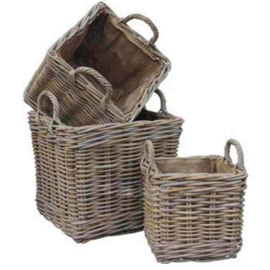 Set of Three Hessian Lined Square Rattan Baskets - The Farthing