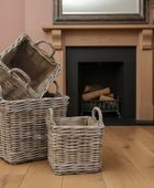 Set of Three Hessian Lined Square Rattan Baskets