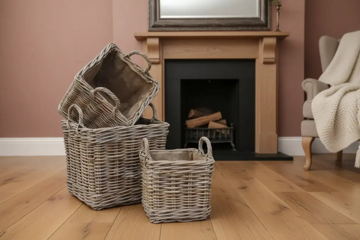 Set of Three Hessian Lined Square Rattan Baskets