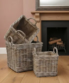 Set of Three Hessian Lined Square Rattan Baskets