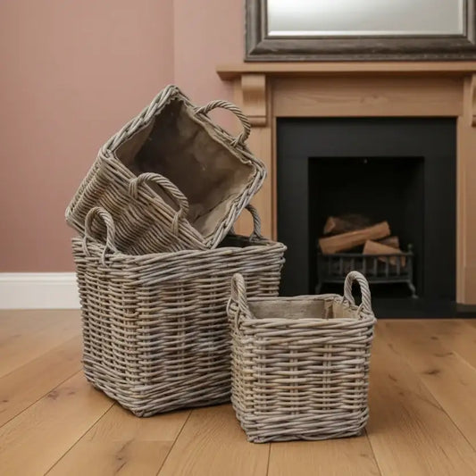 Set of Three Hessian Lined Square Rattan Baskets