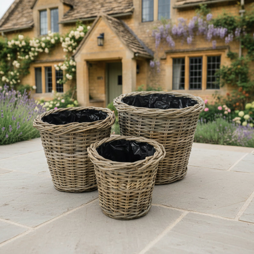 Set of Three Rattan Plant Pots with Liner - The Farthing