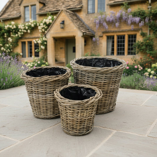 Set of Three Rattan Plant Pots with Liner - The Farthing