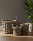 Set of 3 Round Rattan Baskets with Hessian Lining
