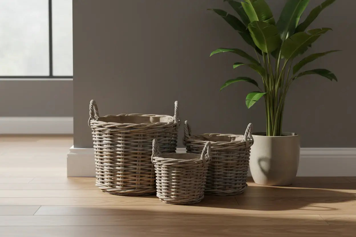Set of 3 Round Rattan Baskets with Hessian Lining