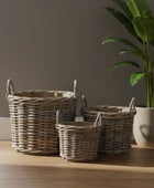 Set of 3 Round Rattan Baskets with Hessian Lining