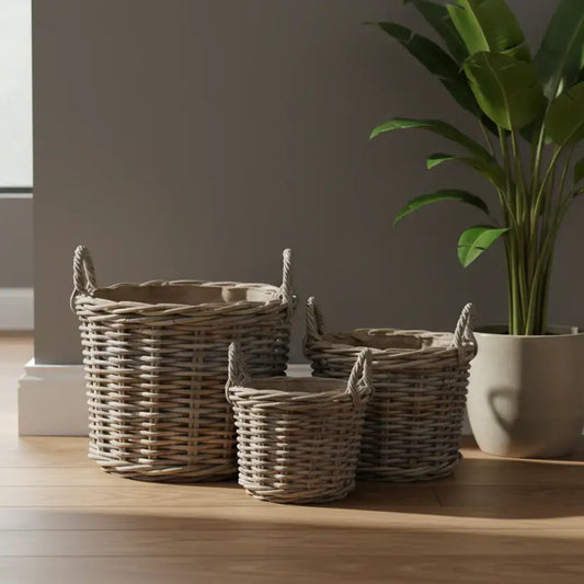 Set of 3 Round Rattan Baskets with Hessian Lining