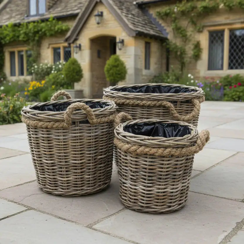 Three wicker planters with black liners on a stone patio in front of a house.