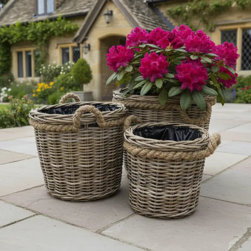 Wicker planters with pink flowers on a stone patio in front of a house.