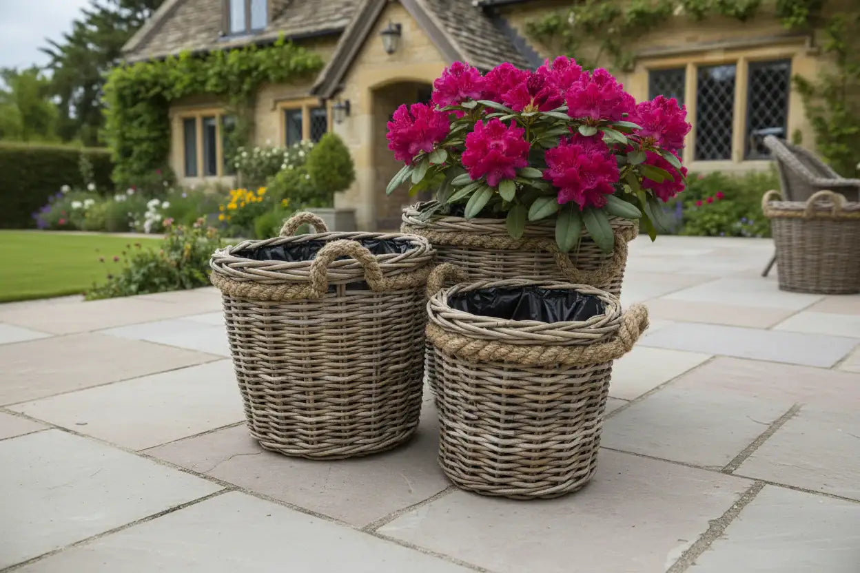 Wicker planters with pink flowers on a stone patio in a garden setting.