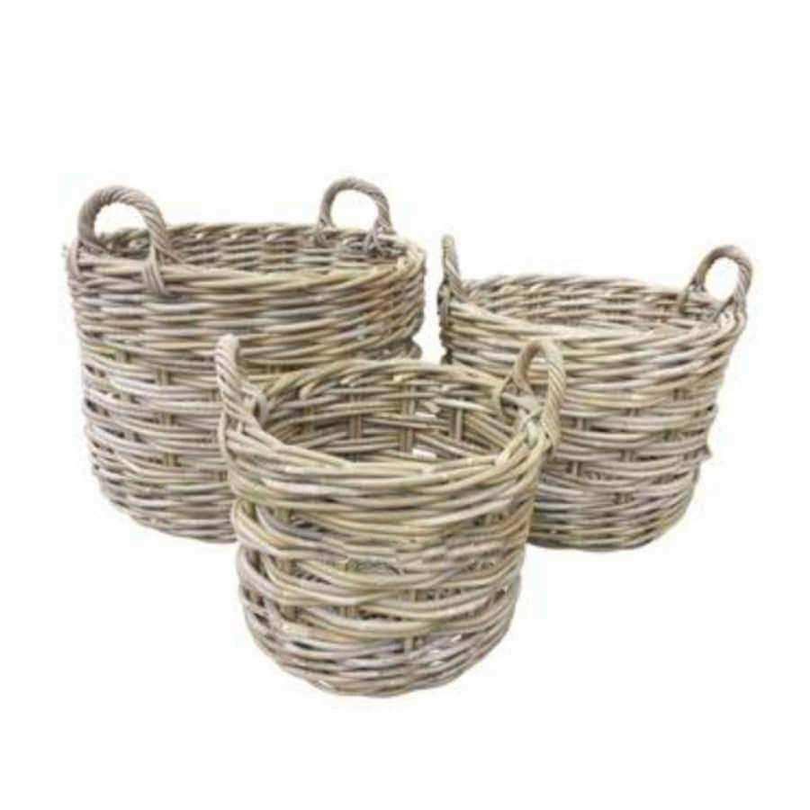 Set of Three Round Woven Rattan Baskets with Handles - The Farthing