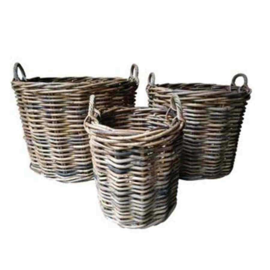 Set of Three Rustic Round Rattan Baskets with Handles - The Farthing