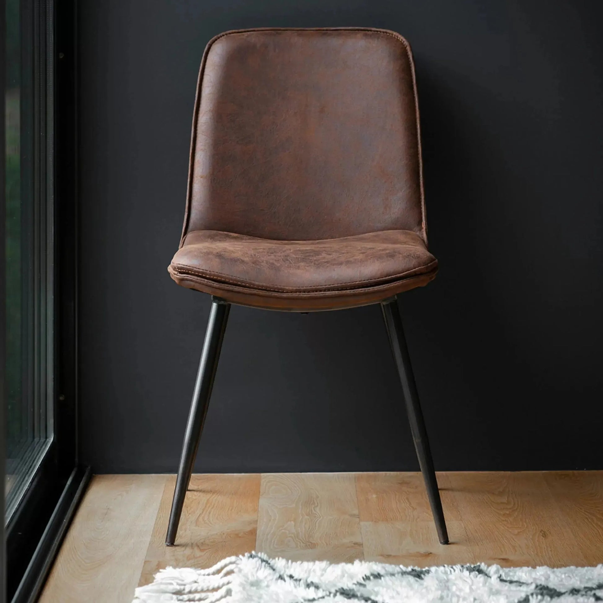 Set of Two Aged Faux Brown Leather Dining Chairs - The Farthing