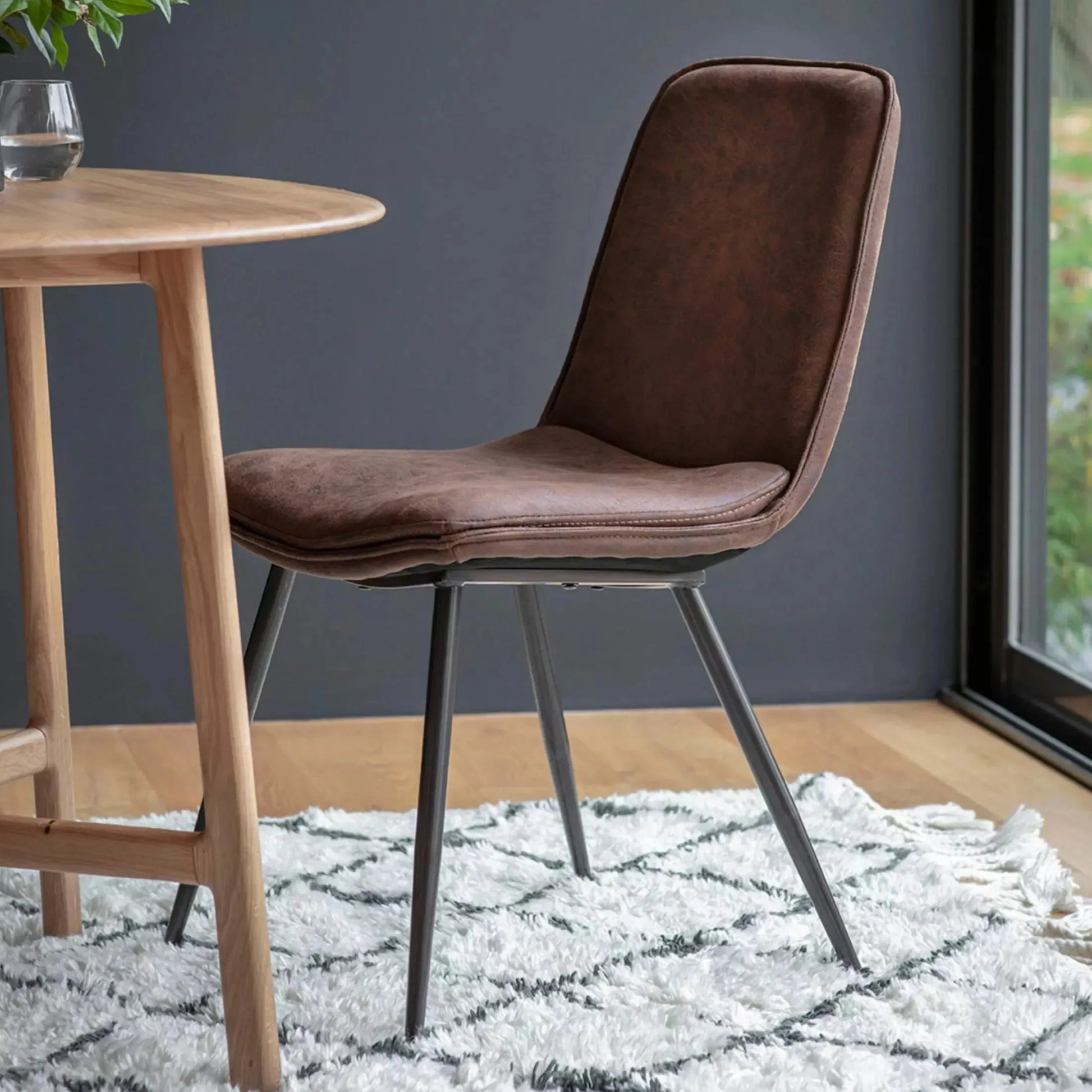 Set of Two Aged Faux Brown Leather Dining Chairs - The Farthing