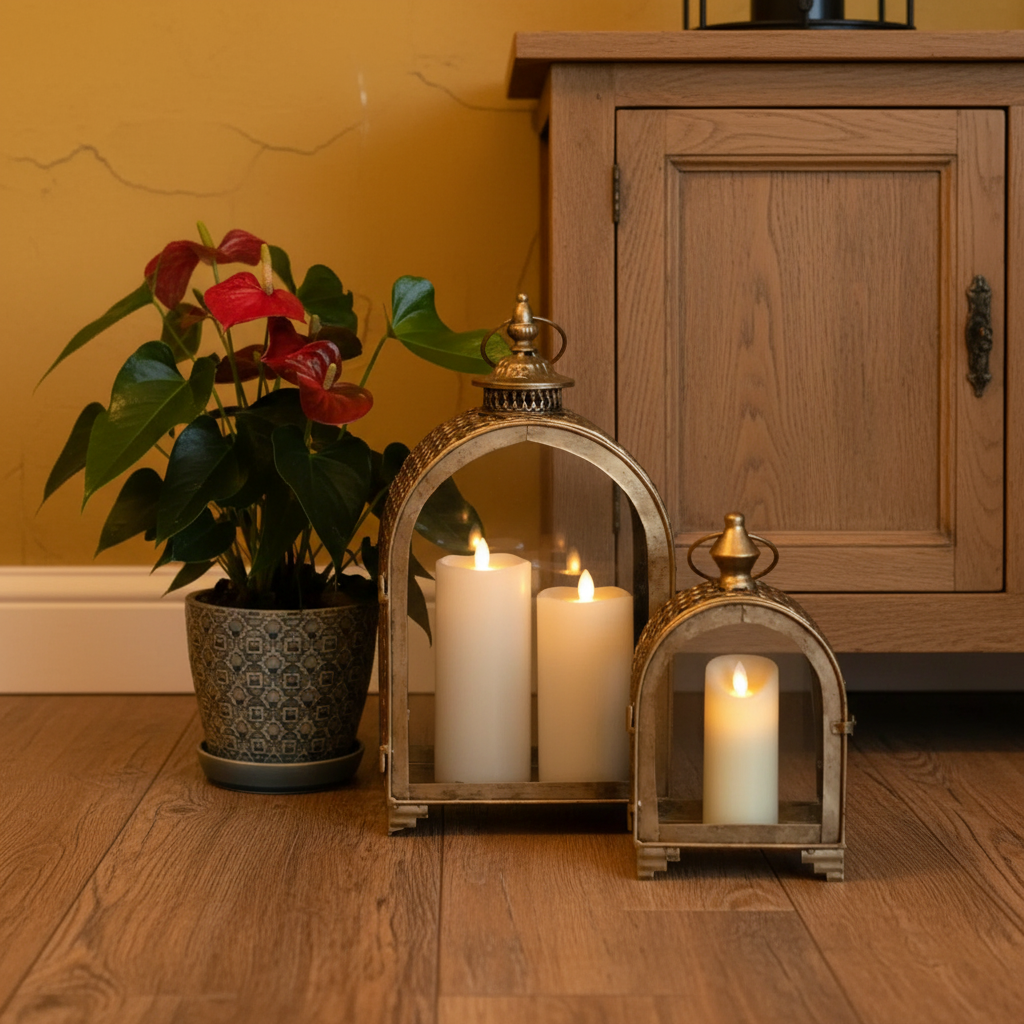 Decorative lanterns with candles on a wooden floor next to a potted plant and wooden cabinet.