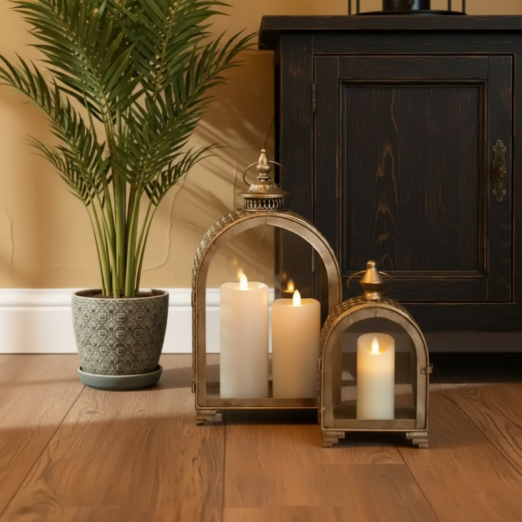 Decorative lanterns with candles on a wooden floor next to a plant and dark wooden cabinet.
