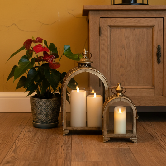 Decorative lanterns with candles on a wooden floor next to a potted plant and wooden cabinet.