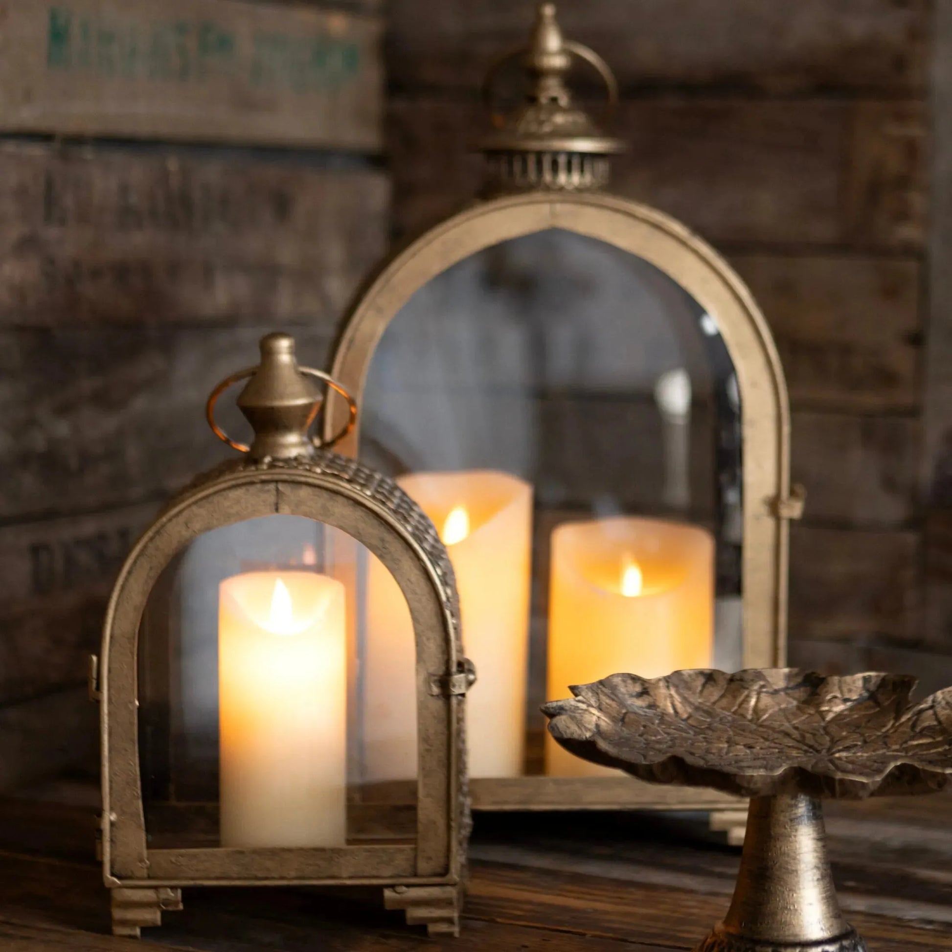 Set of Two Aged Gold Arched Top Lanterns - The Farthing