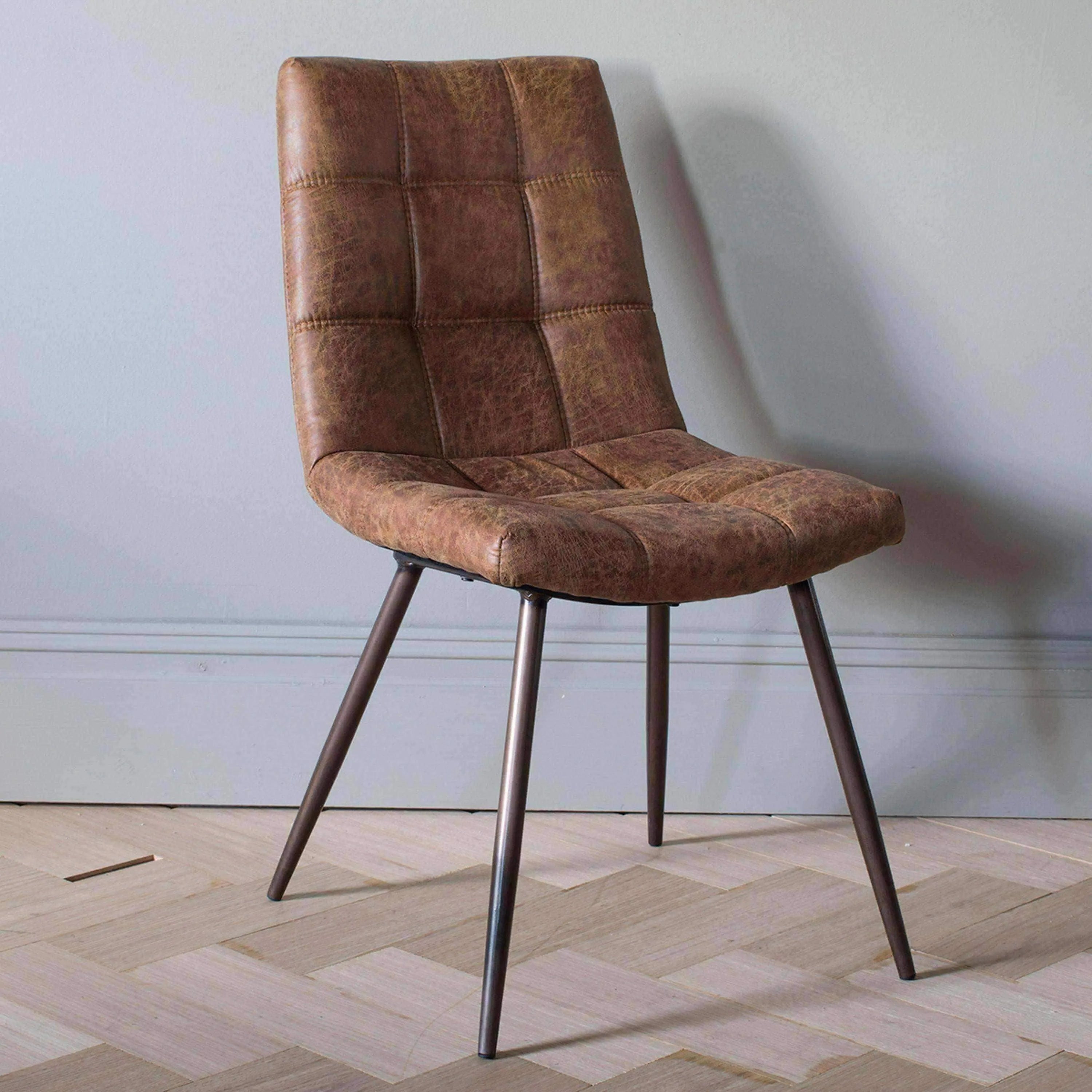 Set of Two Antique Brown Padded Faux Leather Dining Chairs - The Farthing